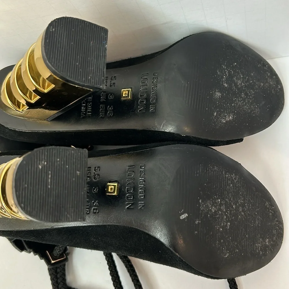 KAT MACONIE Betsy Suede Black Sandals Gold Heels Lace Up women’s size 5.5